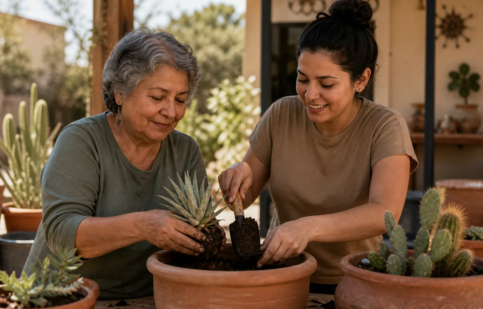Two people tending a garden together in warm daylight.
