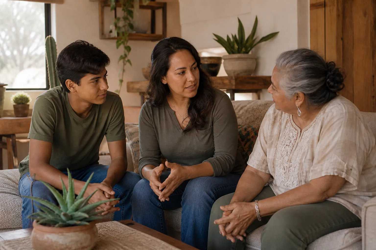 Three family members talking together at home.