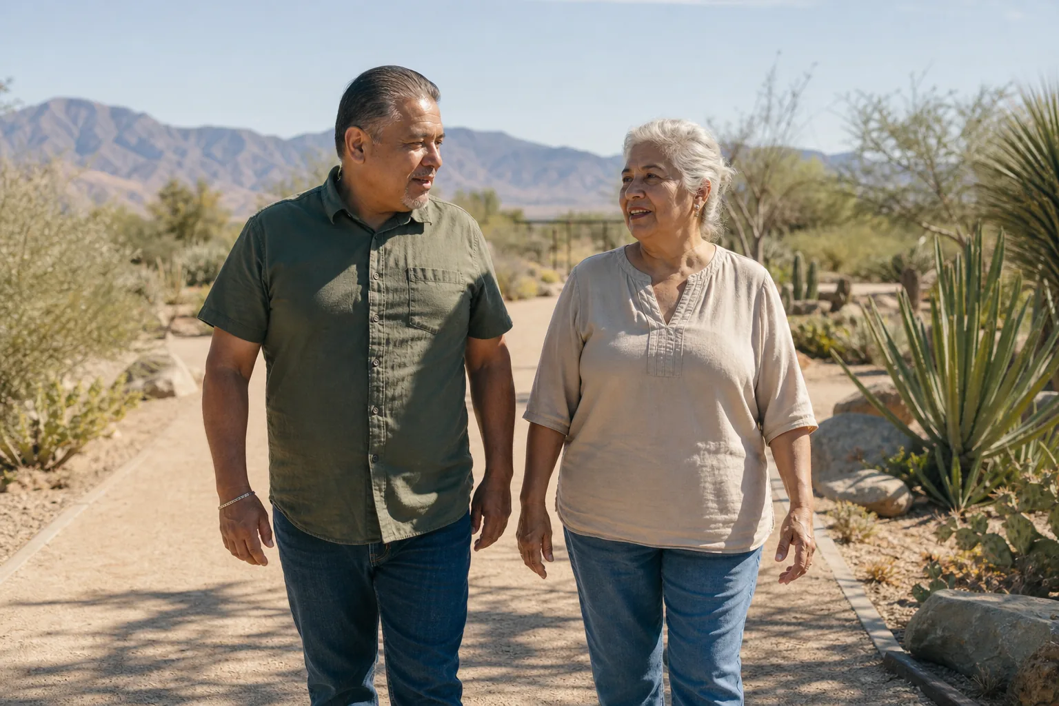 Two adults walking together along a sunlit desert path.