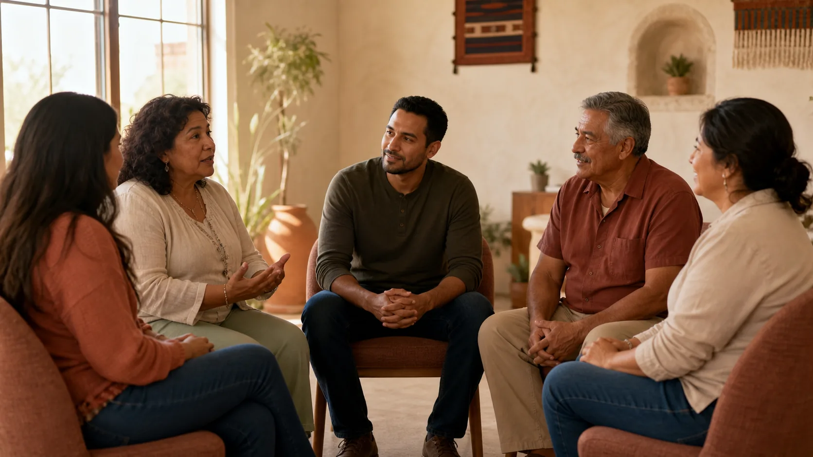 A small group of adults seated together in conversation.